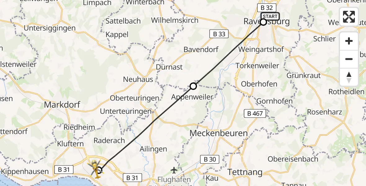 Flugroute Rettungshubschrauber Sankt Elisabeth Hospital - Friedrichshafen Hospital, 06 Juli 2026, 13:52