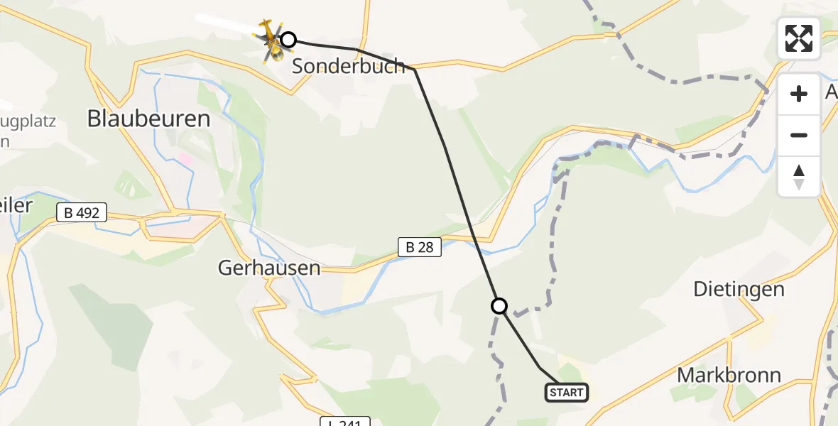 Flugroute Rettungshubschrauber Blaustein - Blaubeuren Flugplatz, 06 Juli 2026, 13:52