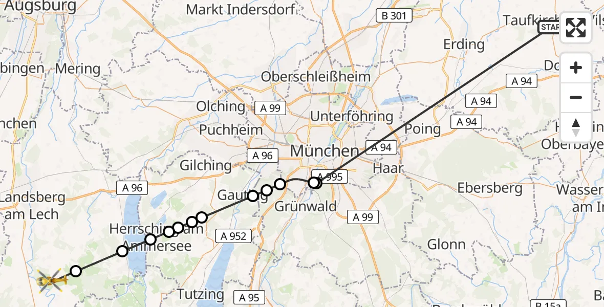 Flugroute Rettungshubschrauber Taufkirchen (Vils) - Reichling, 06 Juli 2026, 13:54