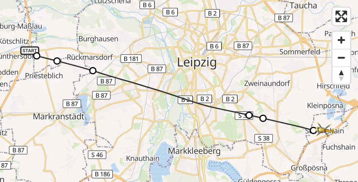 Flugroute Rettungshubschrauber ADAC Air Rescue Station Leipzig/Schkeuditz-Dölzig Hubschrauberlandeplatz (Christoph 61) - Großpösna, 06 Juli 2026, 13:56
