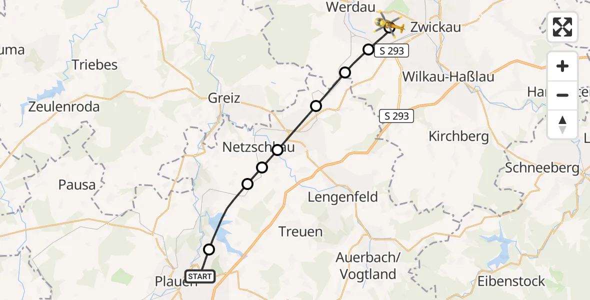 Flugroute Rettungshubschrauber Plauen - ADAC Air Rescue Station Zwickau Hubschrauberlandeplatz, 06 Juli 2026, 14:01