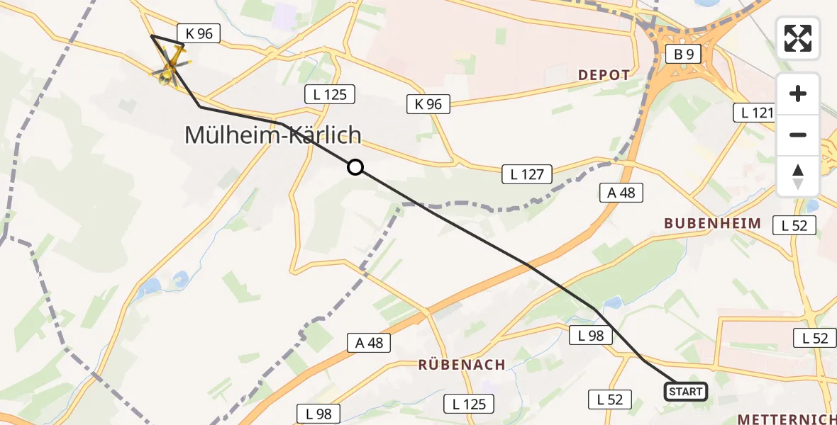 Flugroute Rettungshubschrauber Koblenz - Mülheim-Kärlich, 06 Juli 2026, 14:02