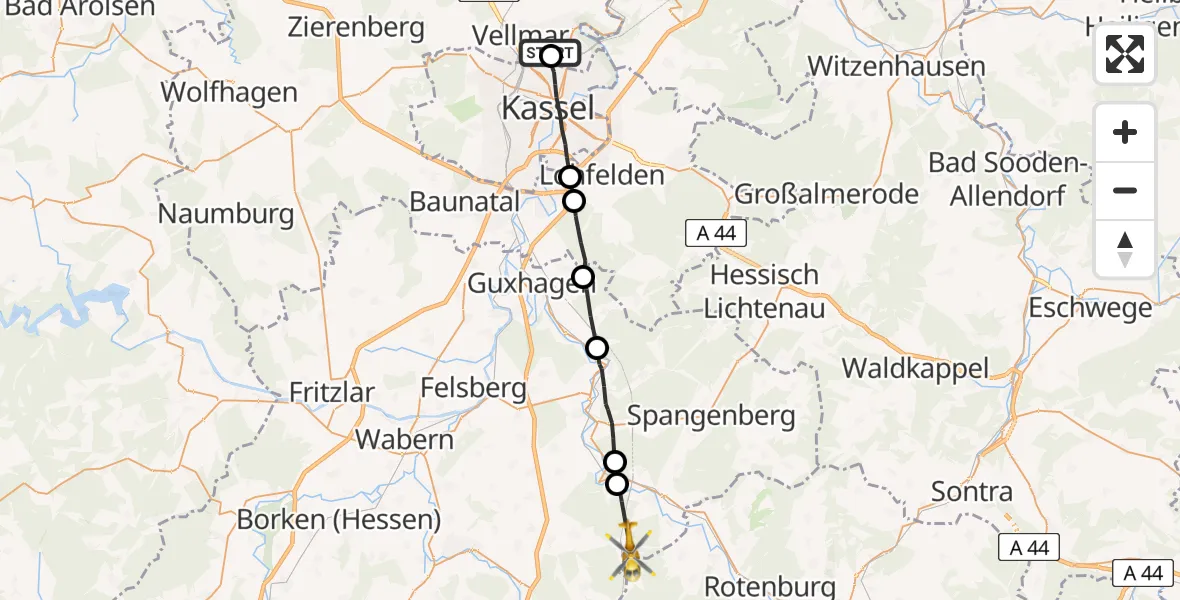 Flugroute Rettungshubschrauber Fuldatal - Morschen, 06 Juli 2026, 14:04