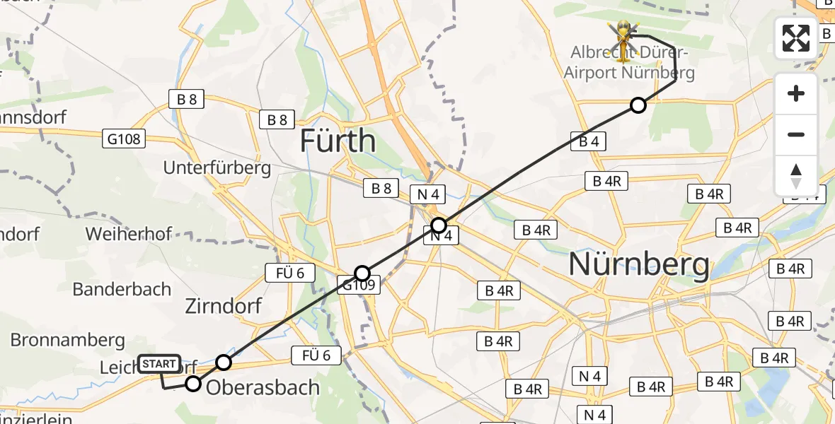 Flugroute Ambulanzhubschrauber Zirndorf - Flughafen Nuremberg, 06 Juli 2026, 14:06