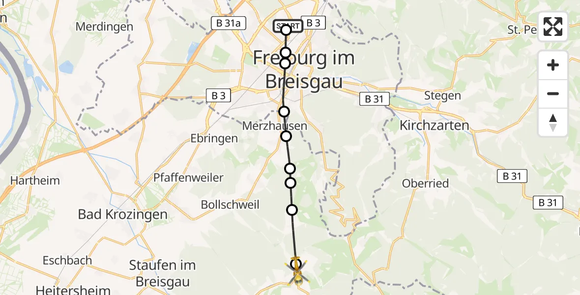 Flugroute Rettungshubschrauber Freiburg im Breisgau Flugplatz - Münstertal/Schwarzwald, 06 Juli 2026, 14:11