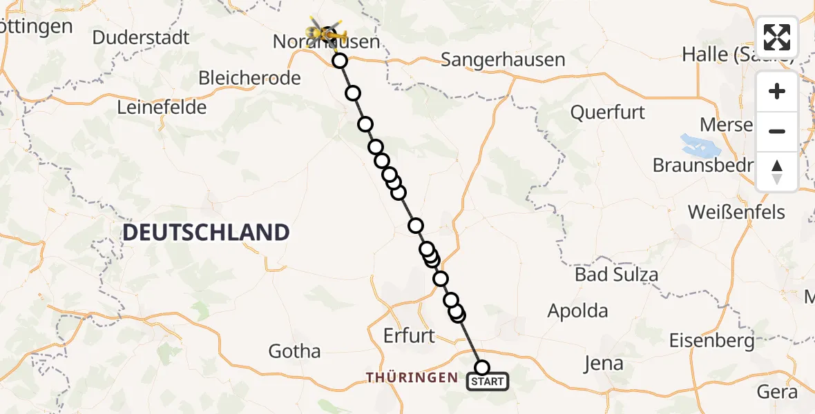 Flugroute Ambulanzhubschrauber Bad Berka - Südharz Hospital Nordhausen, 06 Juli 2026, 14:16