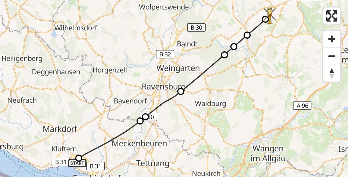 Flugroute Rettungshubschrauber Friedrichshafen Hospital - Bad Wurzach, 06 Juli 2026, 14:16
