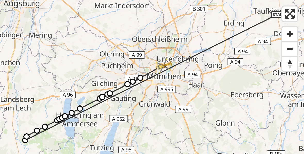 Flugroute Rettungshubschrauber Taufkirchen (Vils) - München, 06 Juli 2026, 14:20