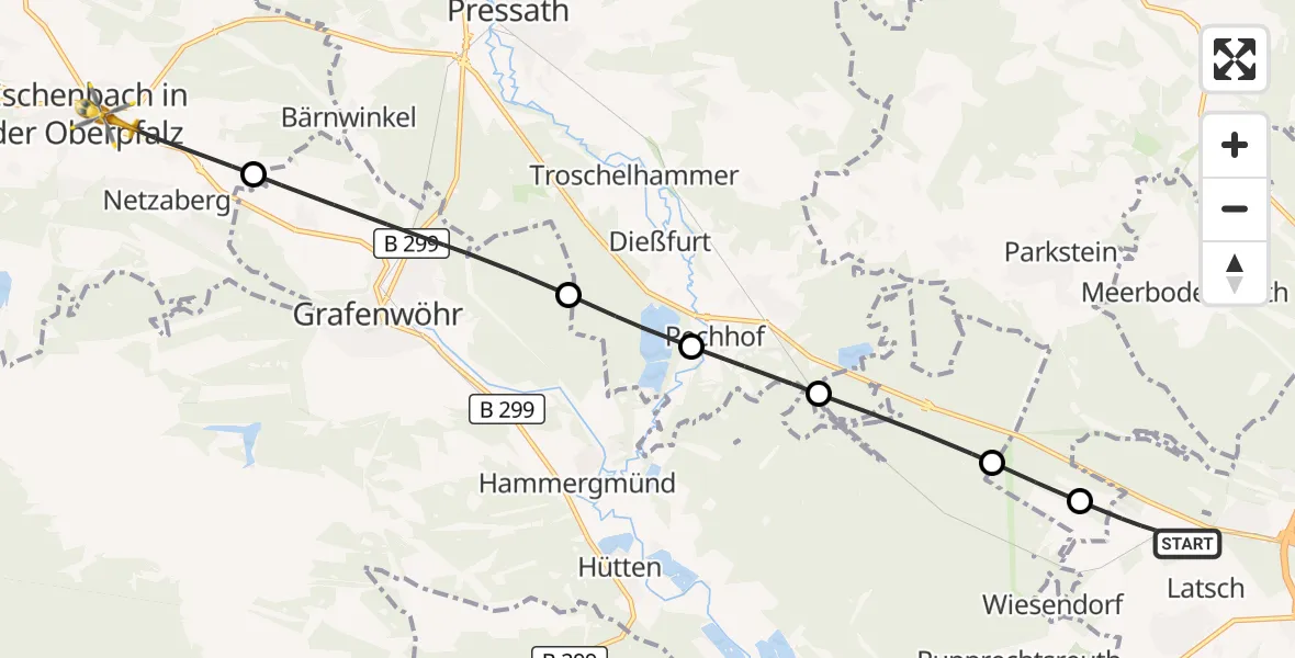 Flugroute Ambulanzhubschrauber Weiden i.d.OPf. - Eschenbach i.d.OPf., 06 Juli 2026, 14:26