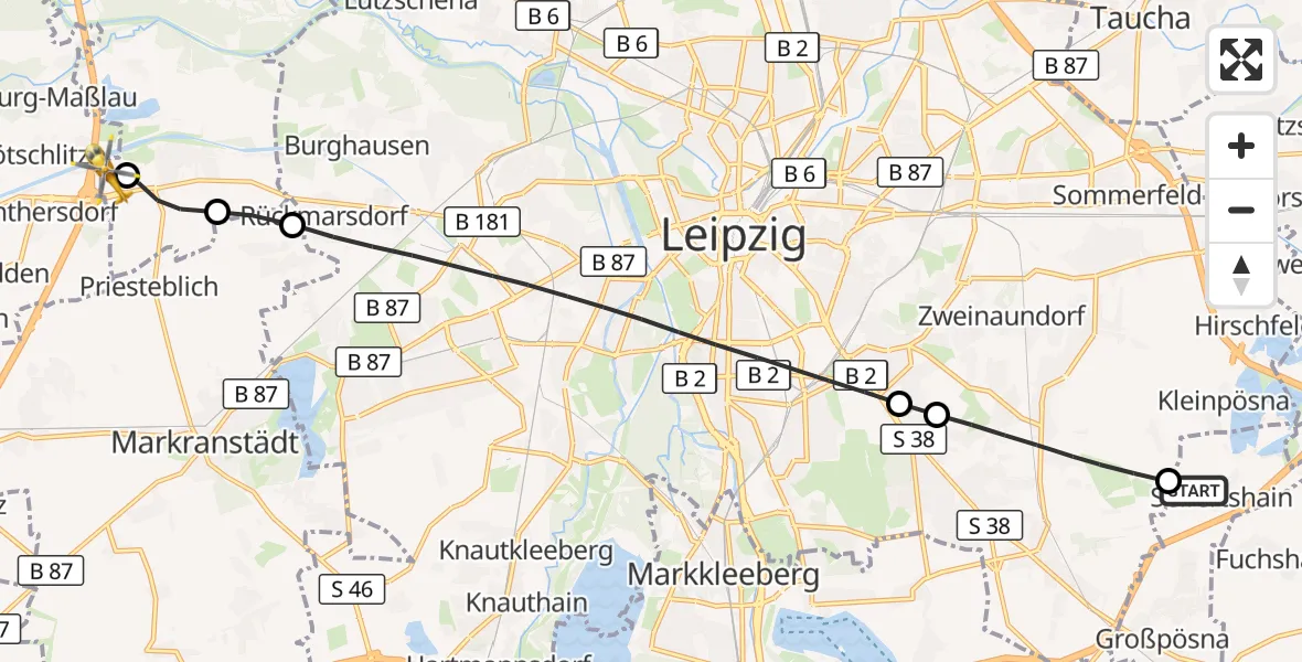 Flugroute Rettungshubschrauber Großpösna - ADAC Air Rescue Station Leipzig/Schkeuditz-Dölzig Hubschrauberlandeplatz (Christoph 61), 06 Juli 2026, 14:30