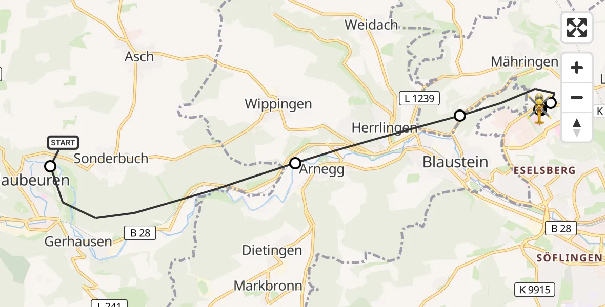 Flugroute Rettungshubschrauber Blaubeuren Flugplatz - ADAC Air Rescue Station Ulm (Christoph 22), 06 Juli 2026, 14:31