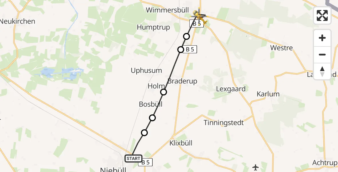 Flugroute Ambulanzhubschrauber Niebüll - Süderlügum, 06 Juli 2026, 14:33