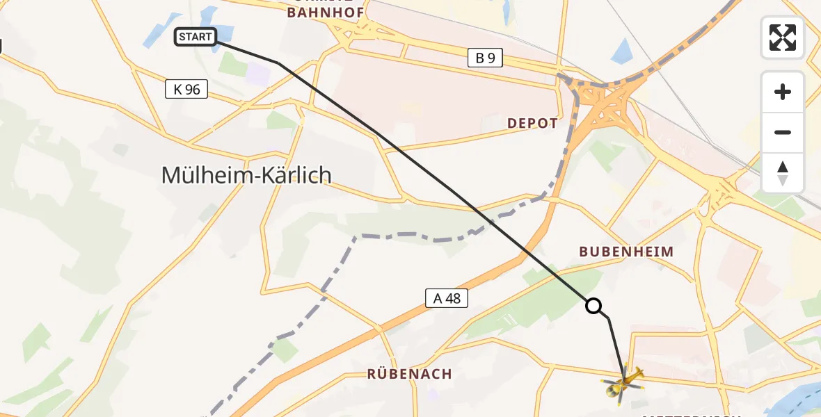 Flugroute Rettungshubschrauber Mülheim-Kärlich - Koblenz, 06 Juli 2026, 14:35
