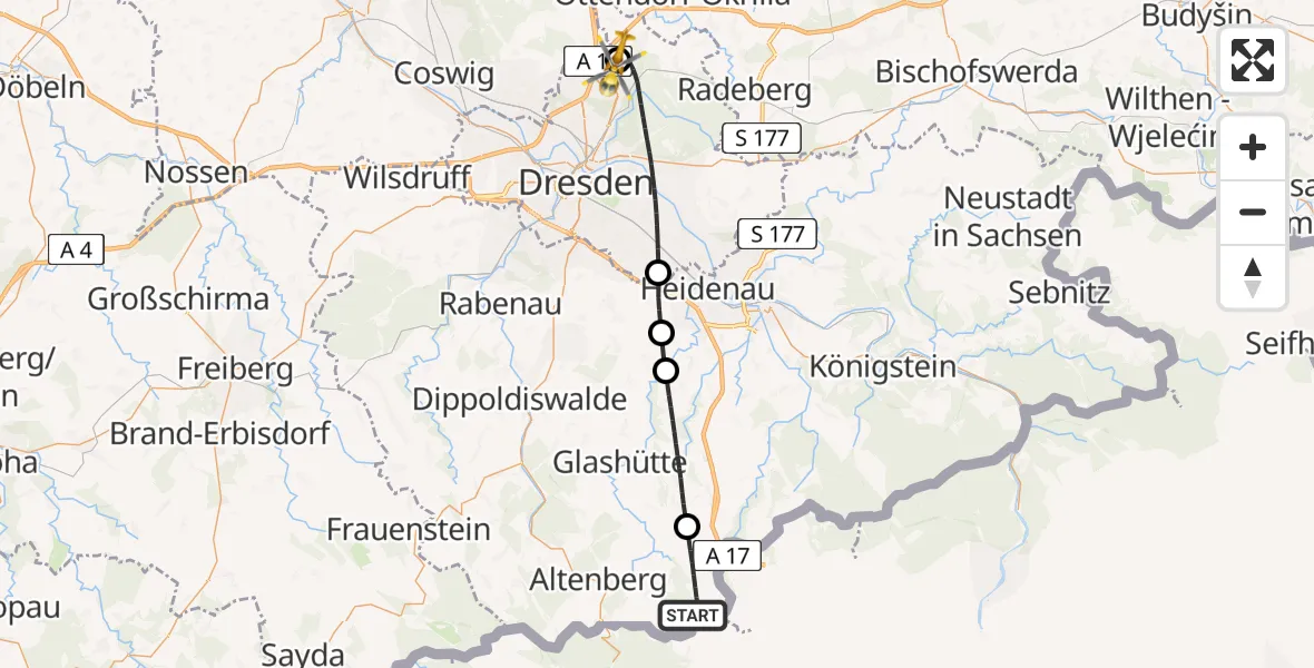 Flugroute Rettungshubschrauber Altenberg - Dresden Bundespolizei Hubschrauberlandeplatz, 06 Juli 2026, 14:37