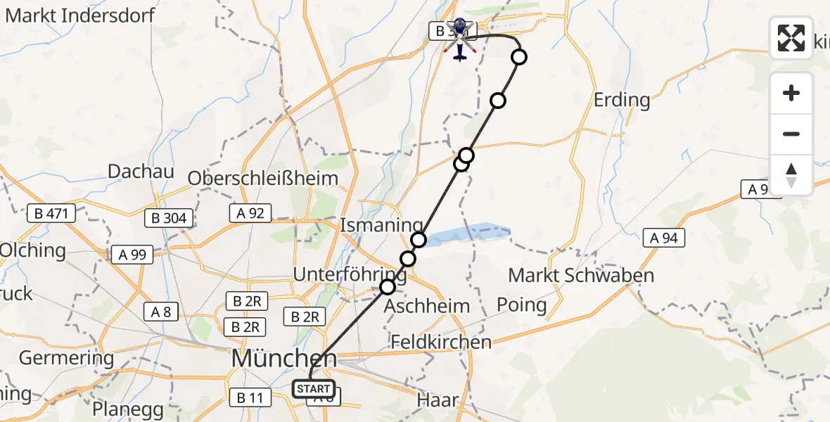 Flugroute Polizeihubschrauber München - München Flughafen, 06 Juli 2026, 14:39