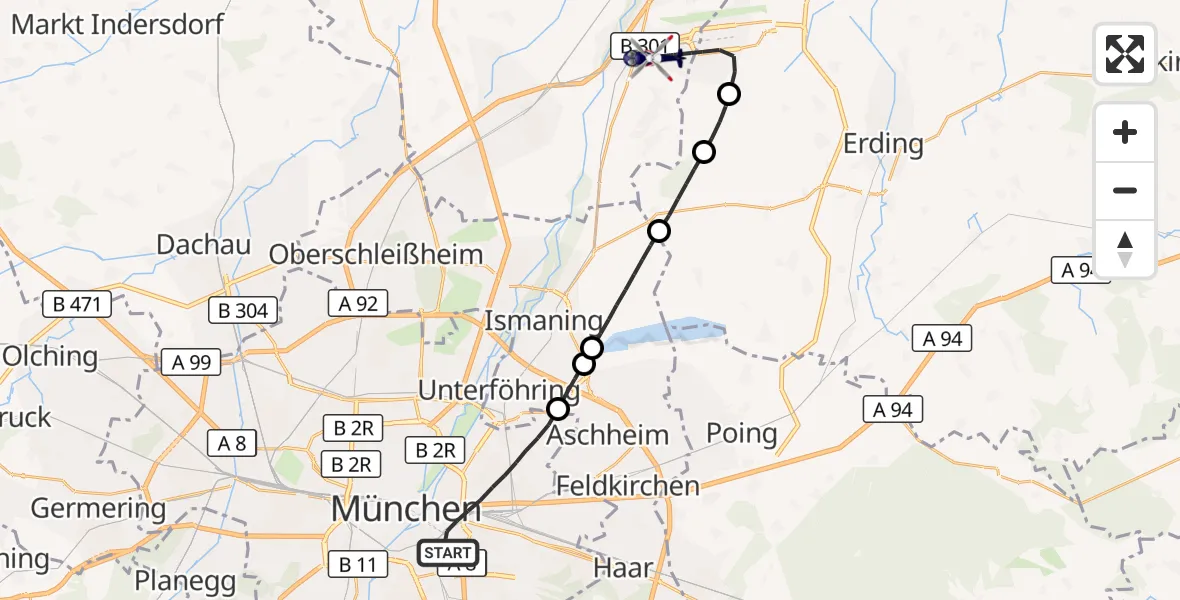 Flugroute Polizeihubschrauber München - München Flughafen, 06 Juli 2026, 14:40