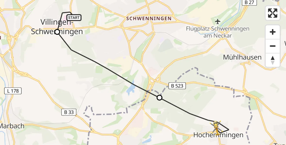 Flugroute Ambulanzhubschrauber DRF Air Rescue Station Villingen-Schwenningen Hubschrauberlandeplatz (Christoph 11) - Bad Dürrheim, 06 Juli 2026, 14:41