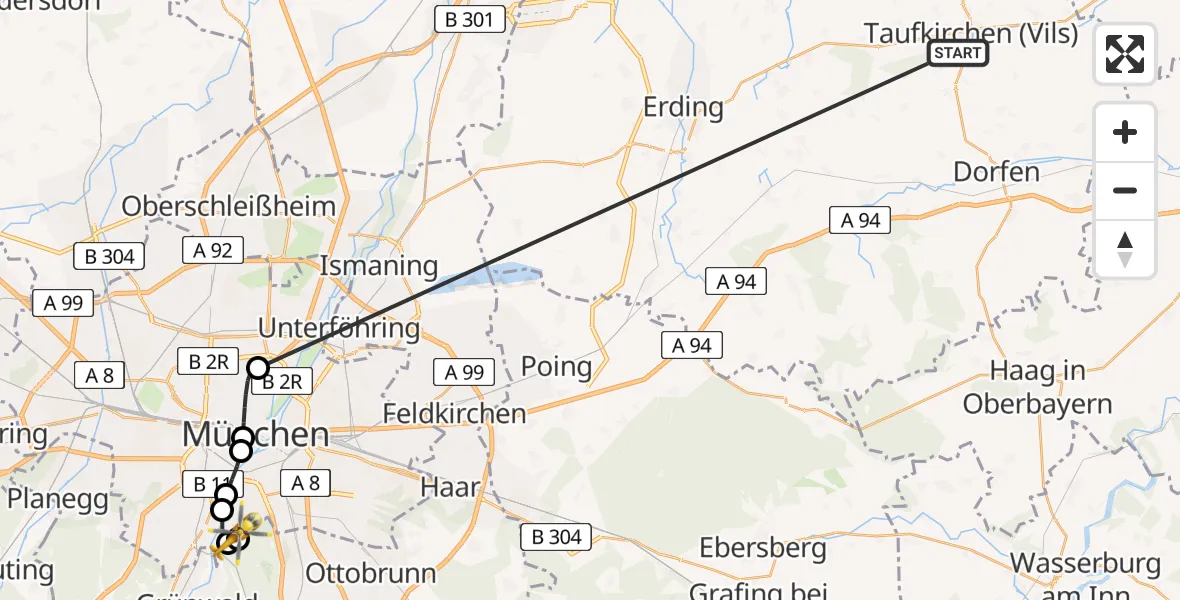 Flugroute Rettungshubschrauber Taufkirchen (Vils) - ADAC Air Rescue Center Hubschrauberlandeplatz (Christoph 1), 06 Juli 2026, 14:43