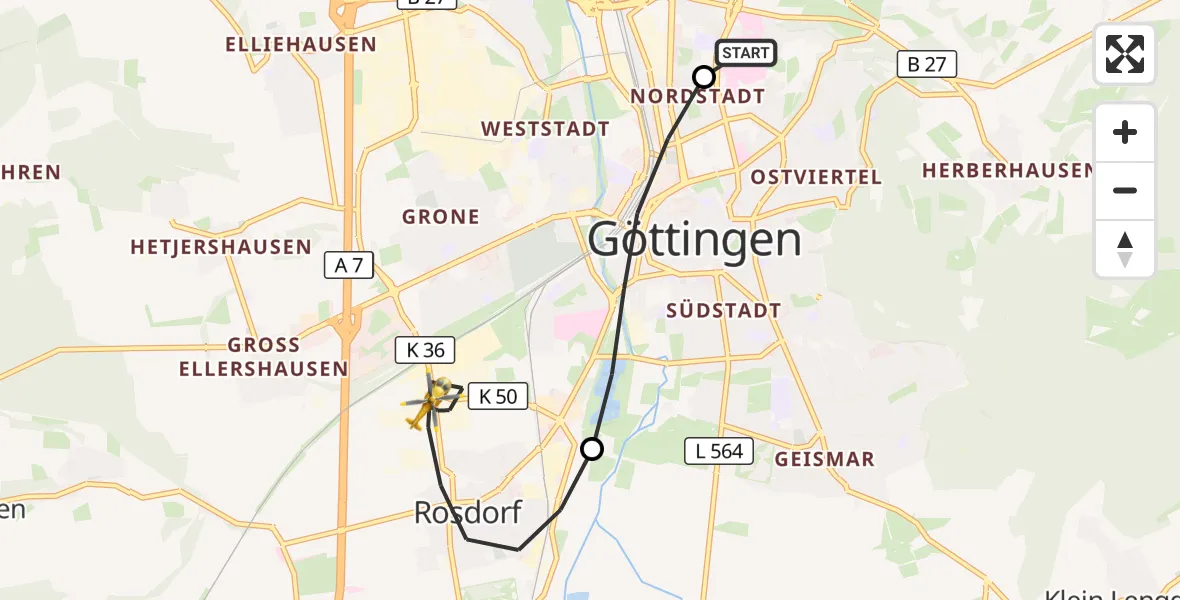 Flugroute Rettungshubschrauber Göttingen University Clinic Hubschrauberlandeplatz - Rosdorf, 06 Juli 2026, 14:45