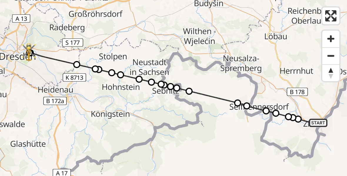 Flugroute Rettungshubschrauber Zittau - Dresden University Hospital, 06 Juli 2026, 14:46