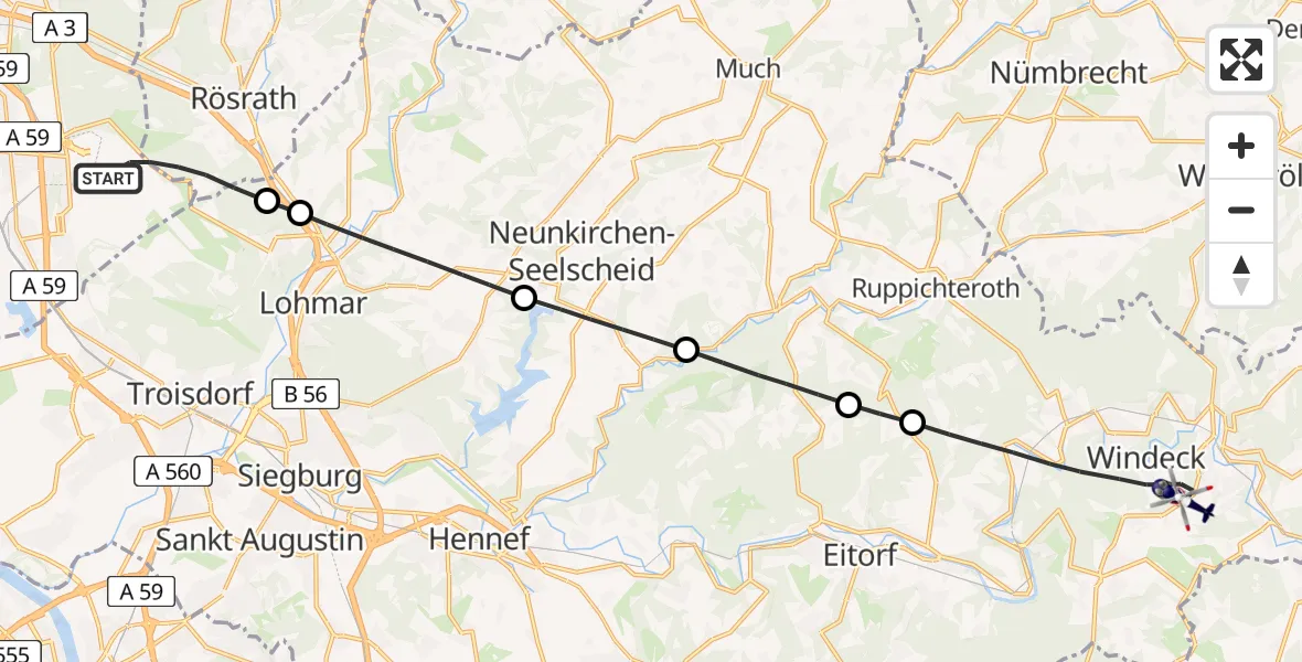 Flugroute Polizeihubschrauber Köln Bonn Flughafen - Windeck, 06 Juli 2026, 14:46