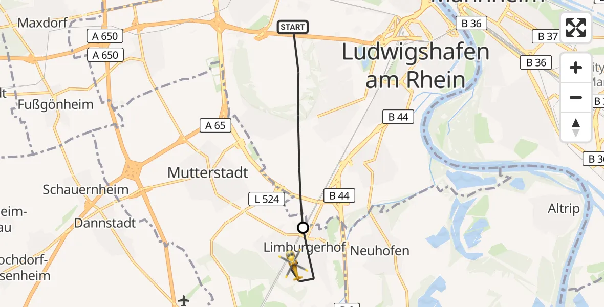 Flugroute Rettungshubschrauber Ludwigshafen am Rhein - Limburgerhof, 06 Juli 2026, 14:52