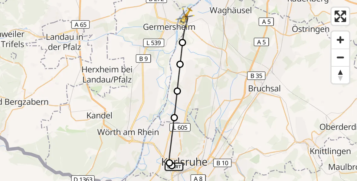 Flugroute Ambulanzhubschrauber Sankt Vincentius Hospital - Philippsburg, 06 Juli 2026, 14:56