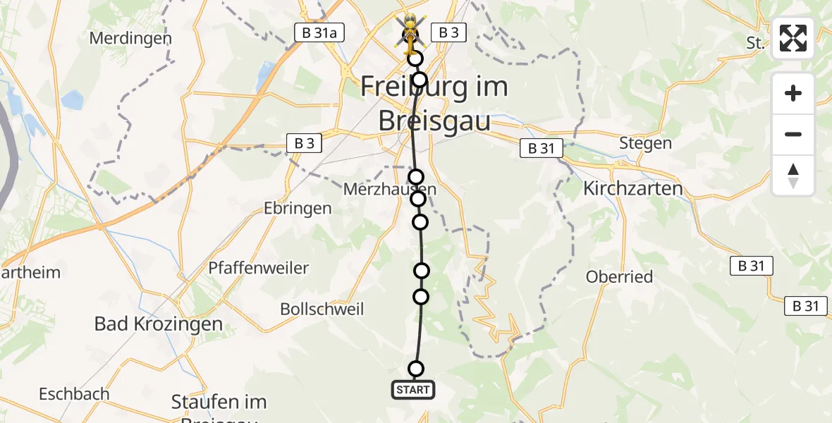 Flugroute Rettungshubschrauber Ehrenkirchen - Freiburg im Breisgau Flugplatz, 06 Juli 2026, 15:02