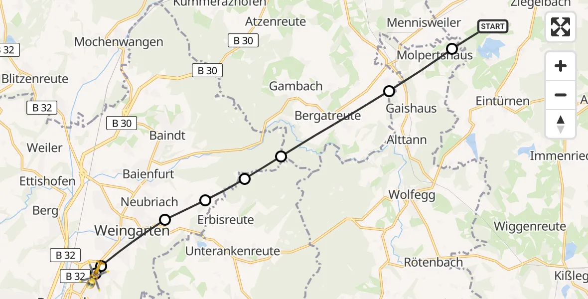 Flugroute Rettungshubschrauber Bad Wurzach - Sankt Elisabeth Hospital Hubschrauberlandeplatz, 06 Juli 2026, 15:08