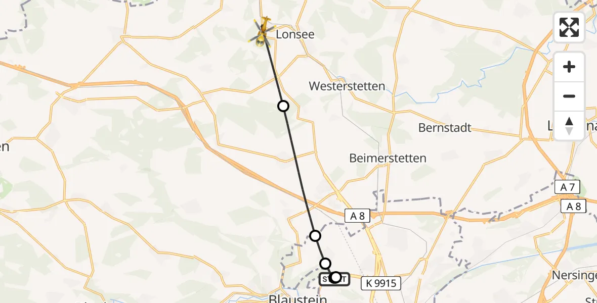 Flugroute Rettungshubschrauber Ulm Military Hospital Emergency - Lonsee, 06 Juli 2026, 15:13