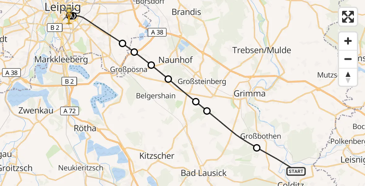 Flugroute Rettungshubschrauber Colditz - Leipzig University Hospital Heliport 1, 06 Juli 2026, 15:13