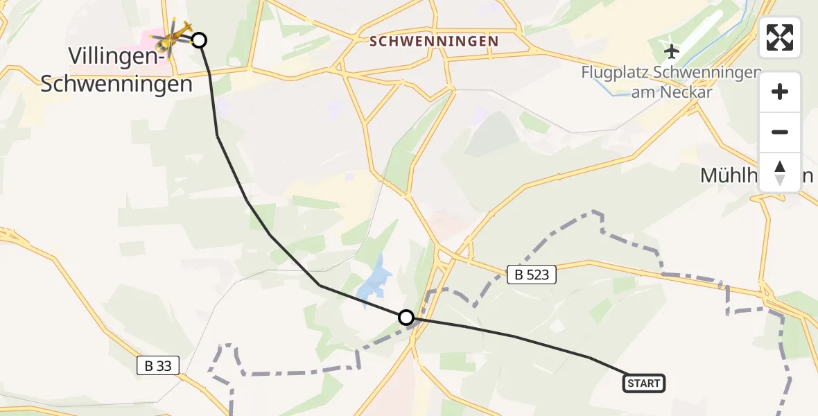 Flugroute Ambulanzhubschrauber Bad Dürrheim - DRF Air Rescue Station Villingen-Schwenningen Hubschrauberlandeplatz (Christoph 11), 06 Juli 2026, 15:13