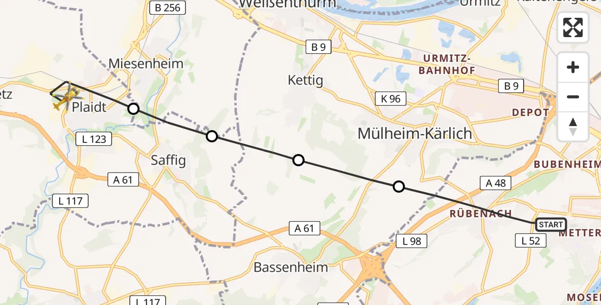 Flugroute Rettungshubschrauber Koblenz - Plaidt, 06 Juli 2026, 15:15
