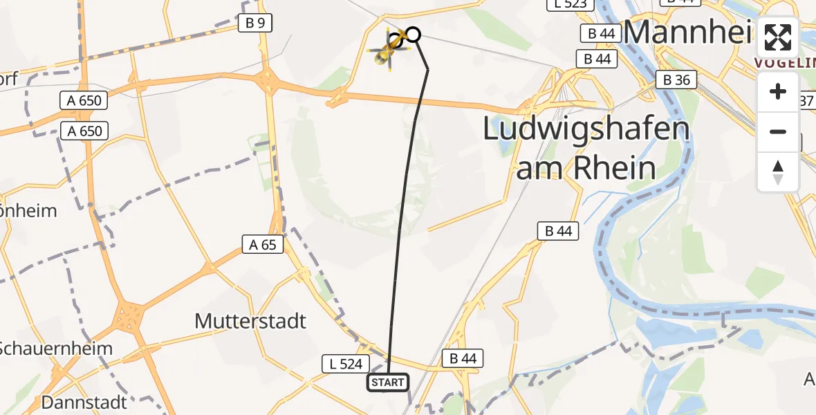 Flugroute Rettungshubschrauber Ludwigshafen am Rhein - Ludwigshafen Accident Hospital, 06 Juli 2026, 15:23
