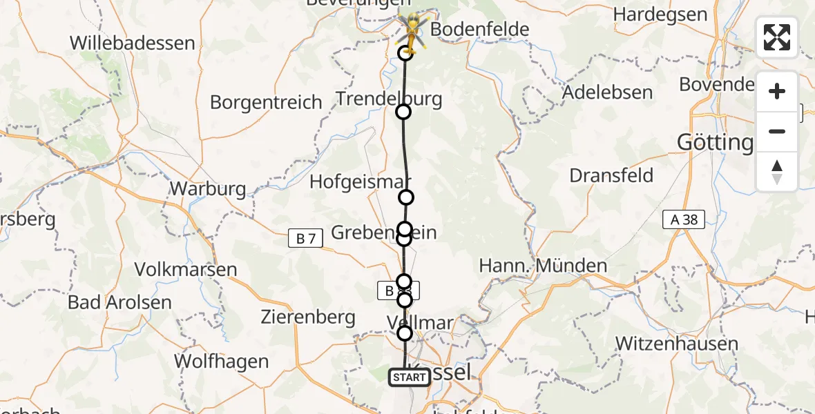 Flugroute Rettungshubschrauber Kassel - Bad Karlshafen, 06 Juli 2026, 15:24
