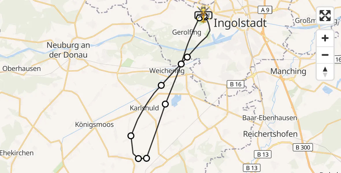 Flugroute Rettungshubschrauber Ingolstadt Hospital - Ingolstadt Hospital, 06 Juli 2026, 15:27