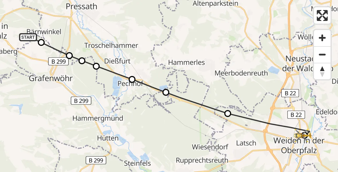 Flugroute Ambulanzhubschrauber Eschenbach i.d.OPf. - Weiden Hospital, 06 Juli 2026, 15:28