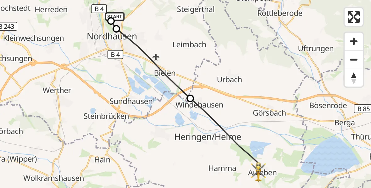 Flugroute Rettungshubschrauber Südharz Hospital Nordhausen - Heringen/Helme, 06 Juli 2026, 15:37
