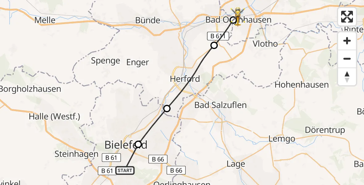 Flugroute Rettungshubschrauber Luftrettungszentrum Bielefeld - Bad Oeynhausen, 06 Juli 2026, 15:41