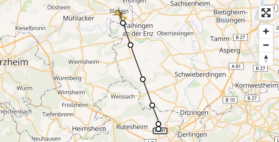 Flugroute Rettungshubschrauber Leonberg Hospital - Illingen, 06 Juli 2026, 15:47