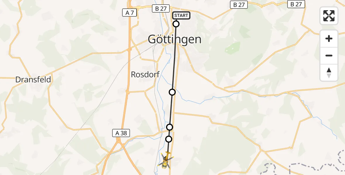 Flugroute Rettungshubschrauber Göttingen University Clinic Hubschrauberlandeplatz - Friedland, 06 Juli 2026, 15:49