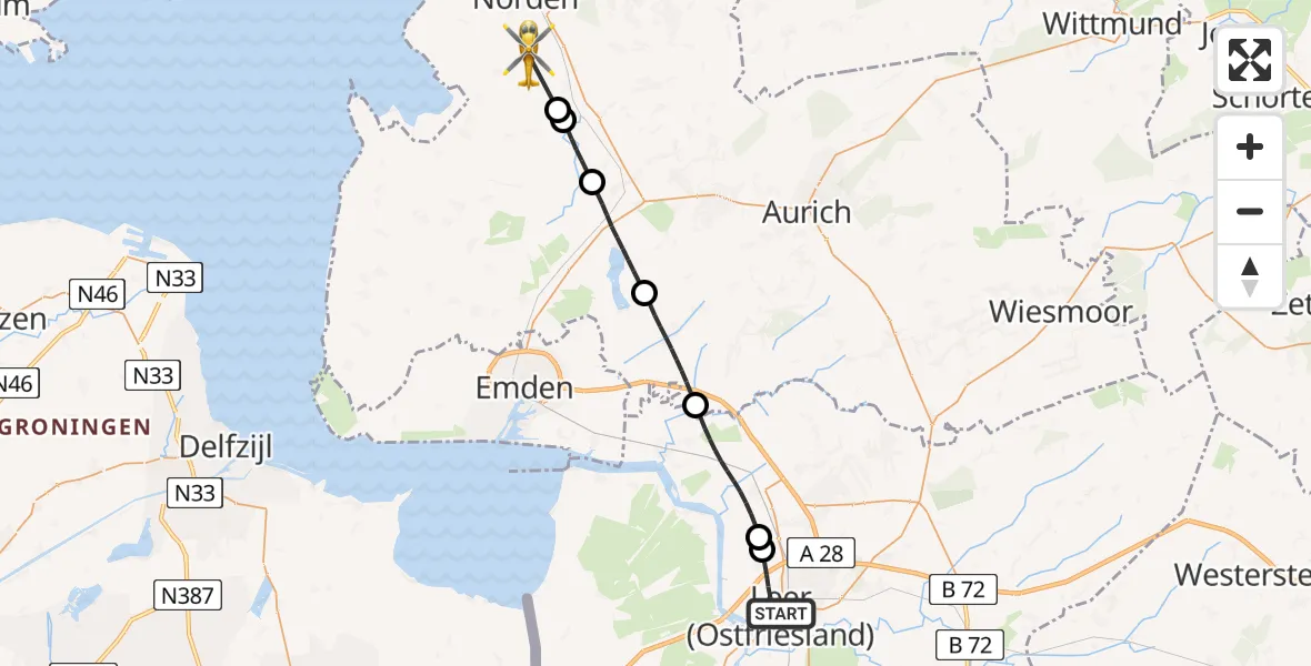 Flugroute Ambulanzhubschrauber Leer (Ostfriesland) - Norden, 06 Juli 2026, 15:49
