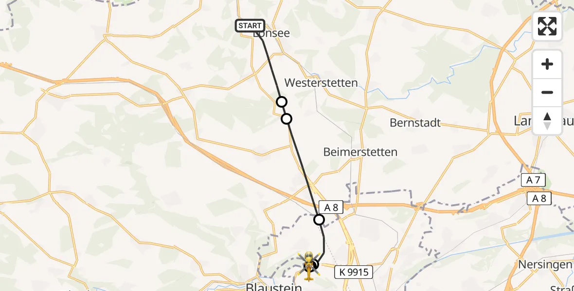 Flugroute Rettungshubschrauber Lonsee - ADAC Air Rescue Station Ulm (Christoph 22), 06 Juli 2026, 15:50
