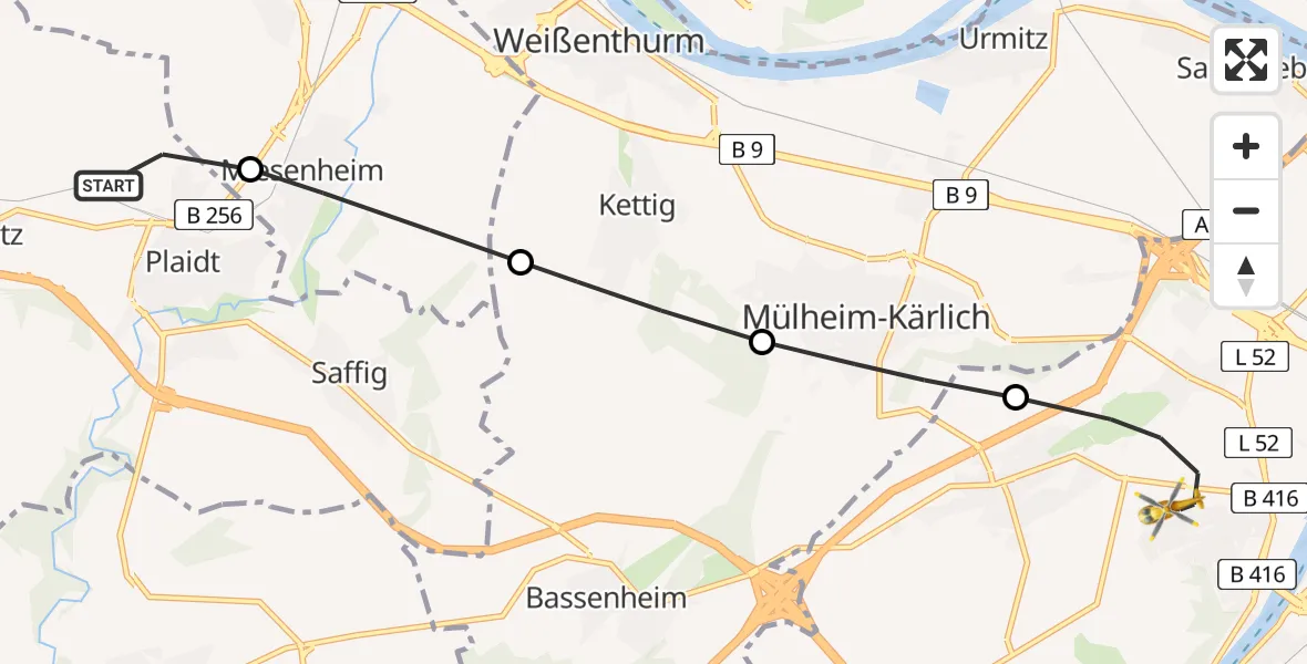 Flugroute Rettungshubschrauber Plaidt - Koblenz, 06 Juli 2026, 15:50