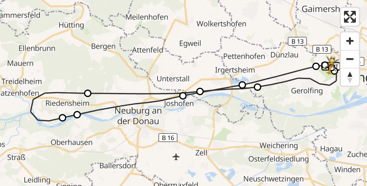 Flugroute Rettungshubschrauber Ingolstadt Hospital - Ingolstadt Hospital, 06 Juli 2026, 15:52