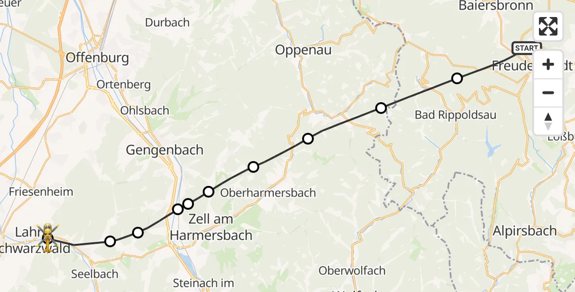 Flugroute Rettungshubschrauber Freudenstadt - Ortenau Hospital Lahr-Ettenheim Hubschrauberlandeplatz, 06 Juli 2026, 15:52