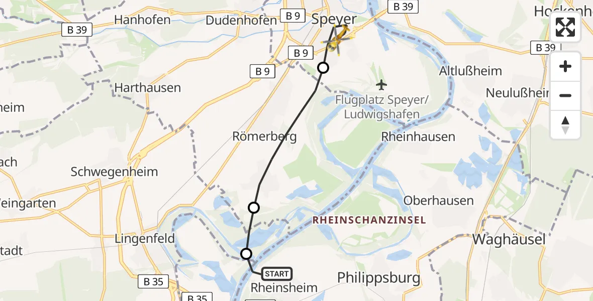 Flugroute Ambulanzhubschrauber Philippsburg - Speyer, 06 Juli 2026, 15:56