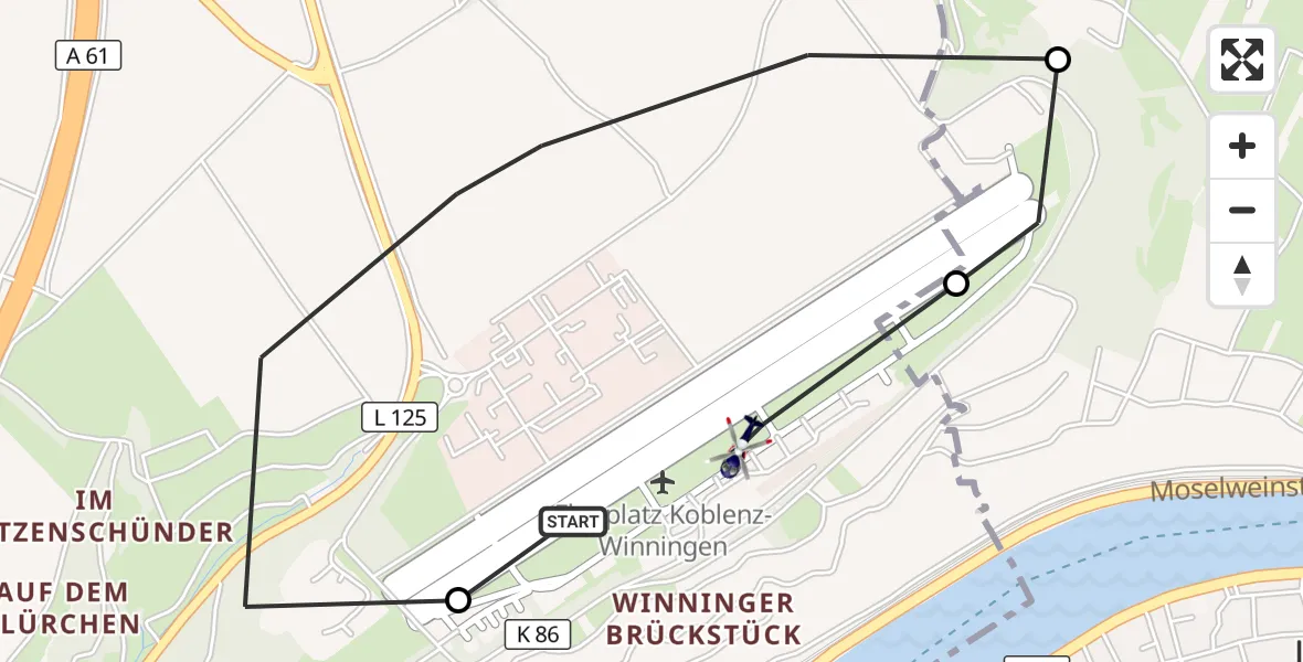Flugroute Polizeihubschrauber Koblenz-Winningen Flugplatz - Koblenz-Winningen Flugplatz, 06 Juli 2026, 15:57