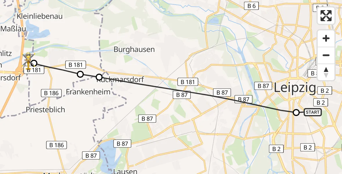Flugroute Rettungshubschrauber Leipzig University Hospital Heliport 1 - ADAC Air Rescue Station Leipzig/Schkeuditz-Dölzig Hubschrauberlandeplatz (Christoph 61), 06 Juli 2026, 15:59