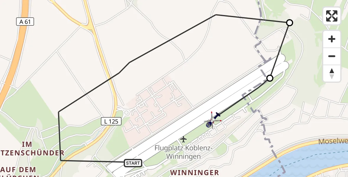 Flugroute Polizeihubschrauber Winningen - Koblenz-Winningen Flugplatz, 06 Juli 2026, 16:03